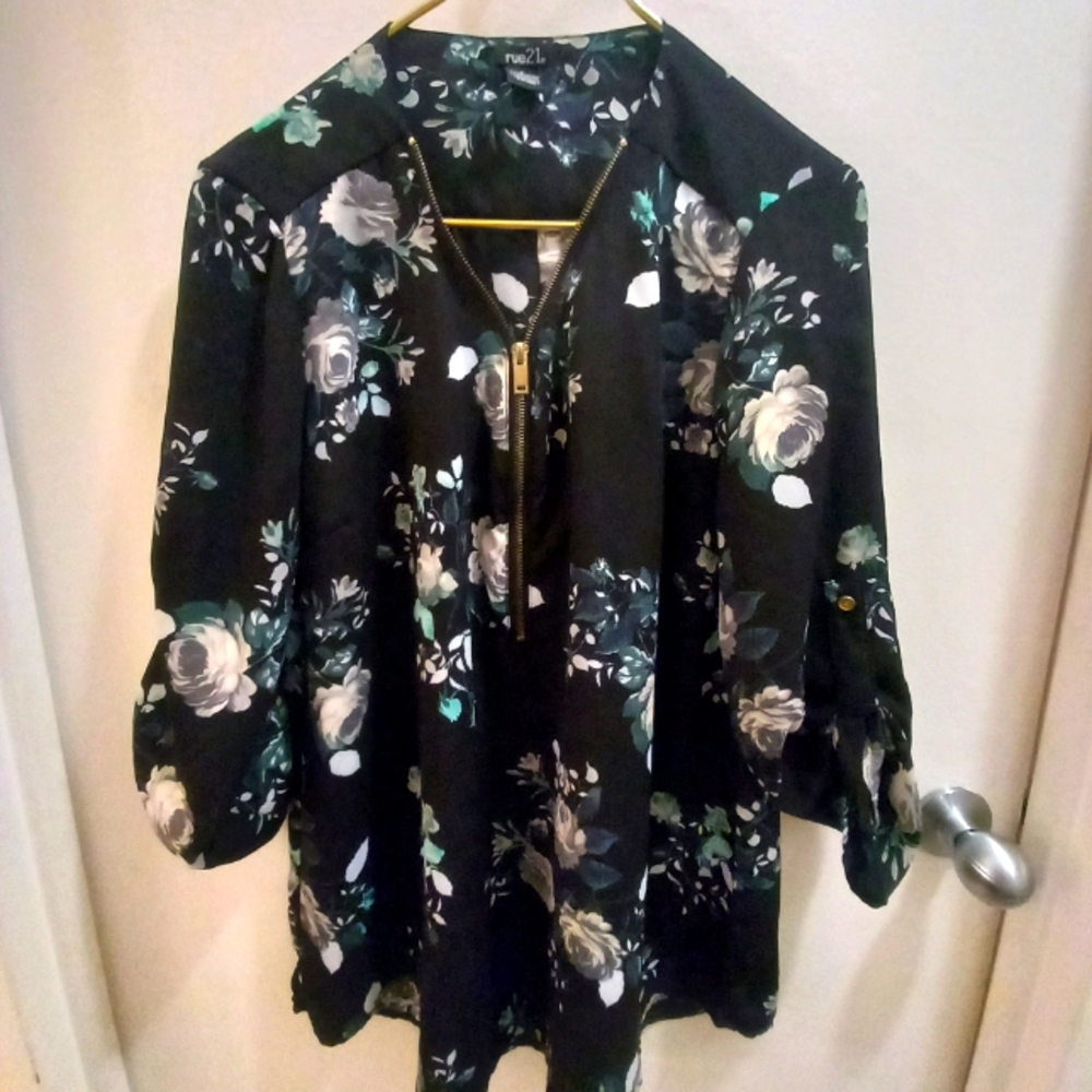 Floral - Blue roses on black - Rue 21 - zip up blouse. Size Large.